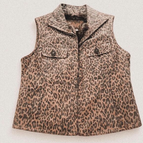 Vintage Leather Animal Print Leopard Vest Faux Fur Lining Y2K Statement Piece S - Picture 1 of 7